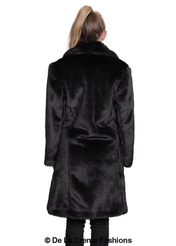 De La Creme Women's Faux Fur Large Lapel Mid Length Coat in Black, showcasing luxurious faux fur and elegant design.