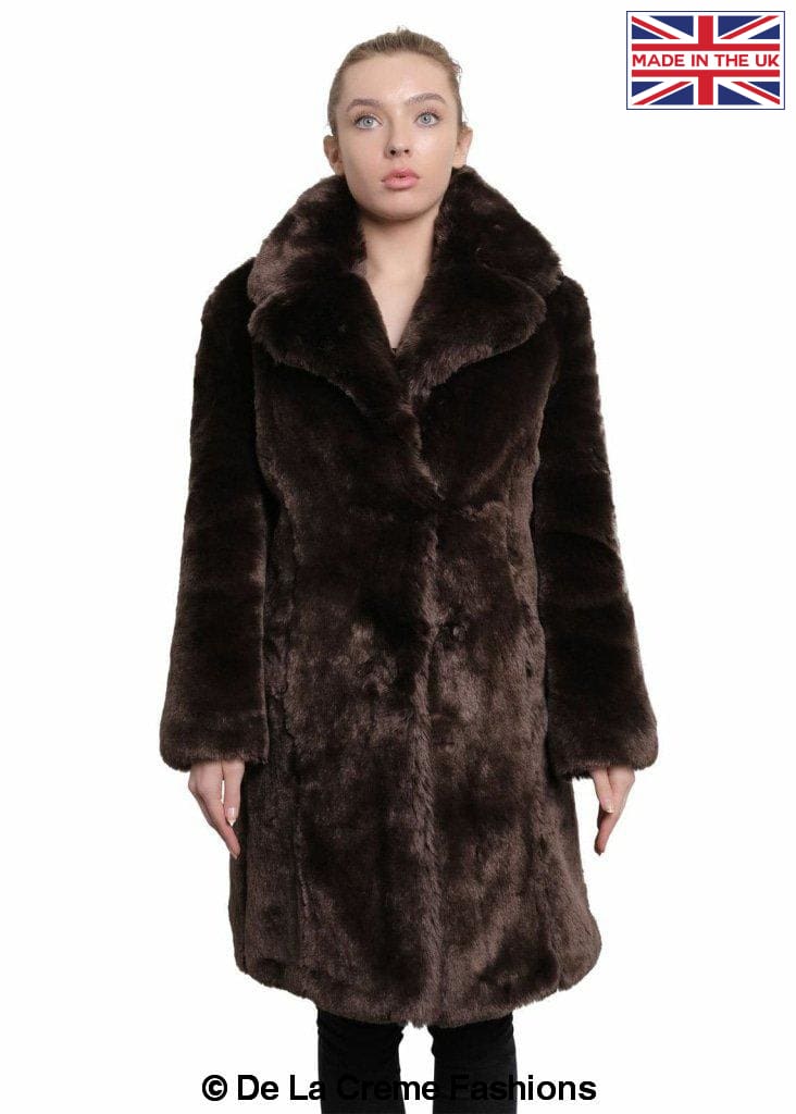 De La Creme Women's Faux Fur Large Lapel Mid Length Coat in Black, showcasing luxurious faux fur and elegant design.