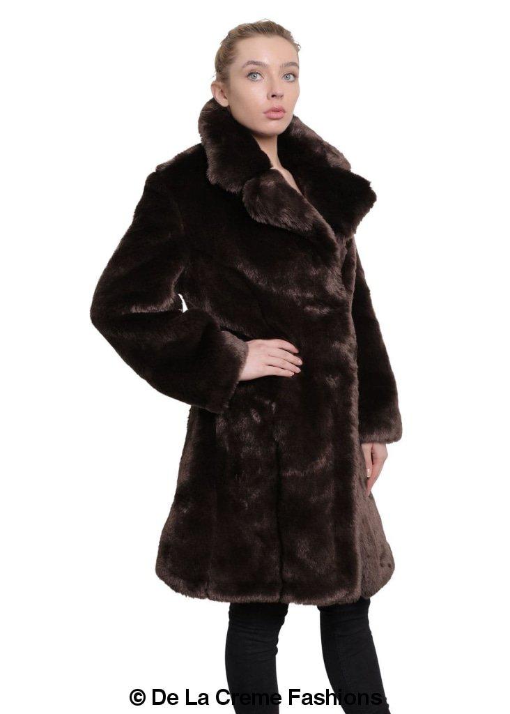 De La Creme Women's Faux Fur Large Lapel Mid Length Coat in Black, showcasing luxurious faux fur and elegant design.