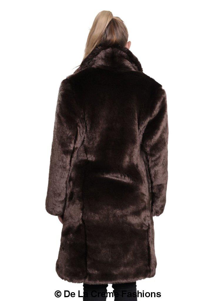 De La Creme Women's Faux Fur Large Lapel Mid Length Coat in Black, showcasing luxurious faux fur and elegant design.