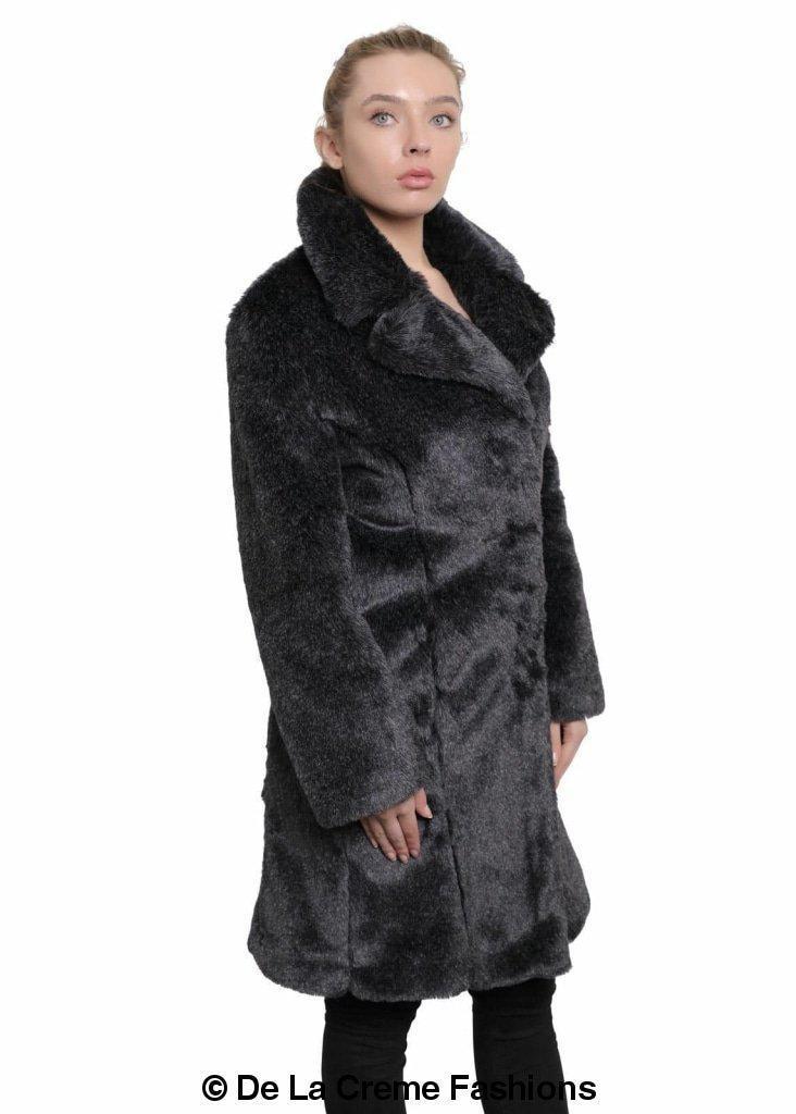 De La Creme Women's Faux Fur Large Lapel Mid Length Coat in Black, showcasing luxurious faux fur and elegant design.