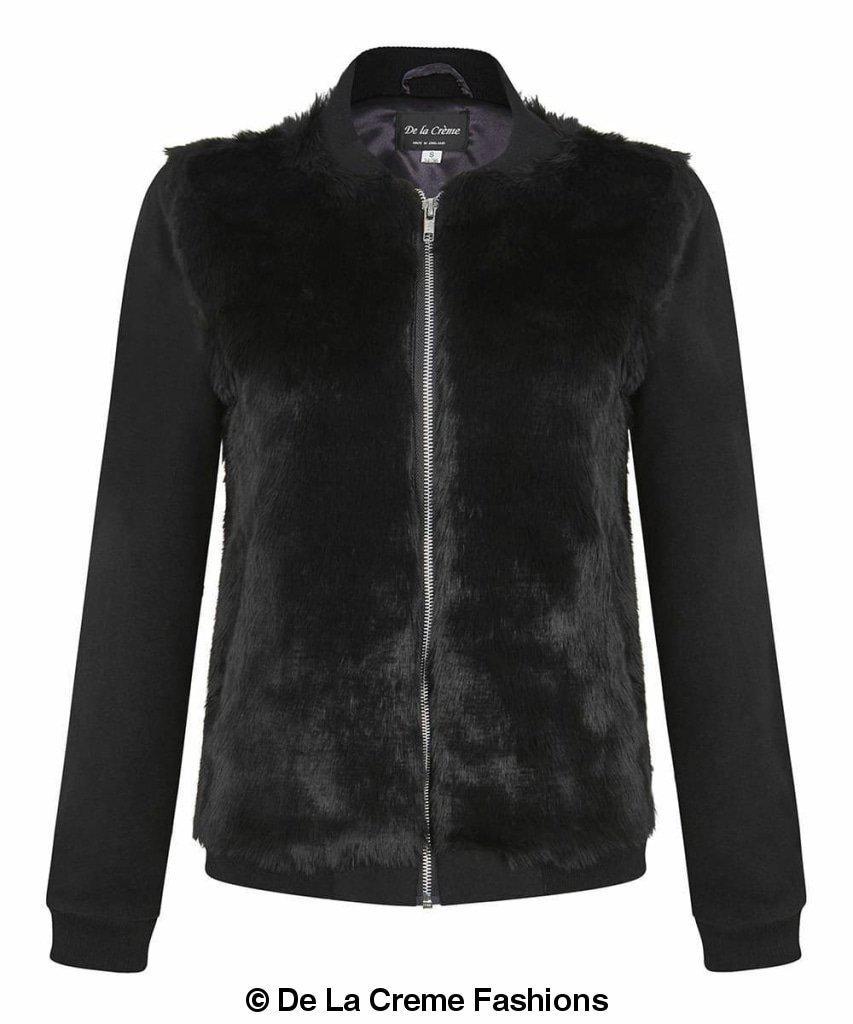 De La Creme Women's Faux Fur Zip-Thru Varsity Bomber Jacket in Black, showcasing its luxurious faux fur and stylish design.