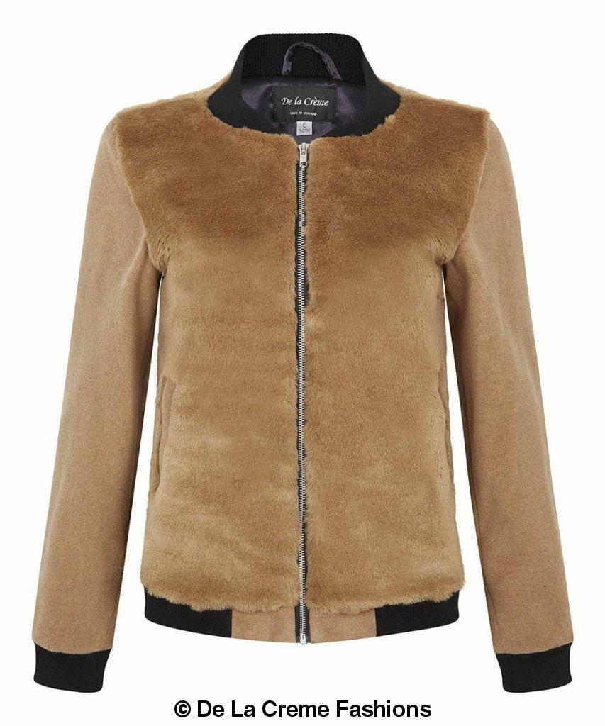 De La Creme Women's Faux Fur Zip-Thru Varsity Bomber Jacket in Black, showcasing its luxurious faux fur and stylish design.