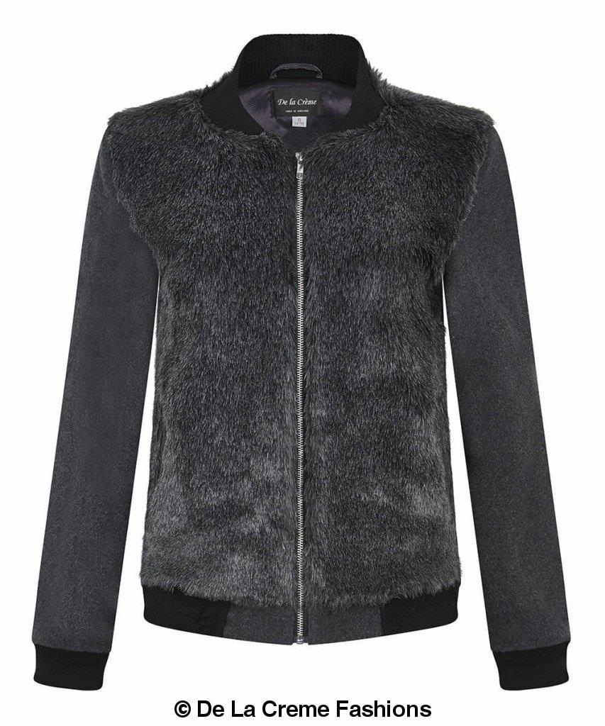 De La Creme Women's Faux Fur Zip-Thru Varsity Bomber Jacket in Black, showcasing its luxurious faux fur and stylish design.