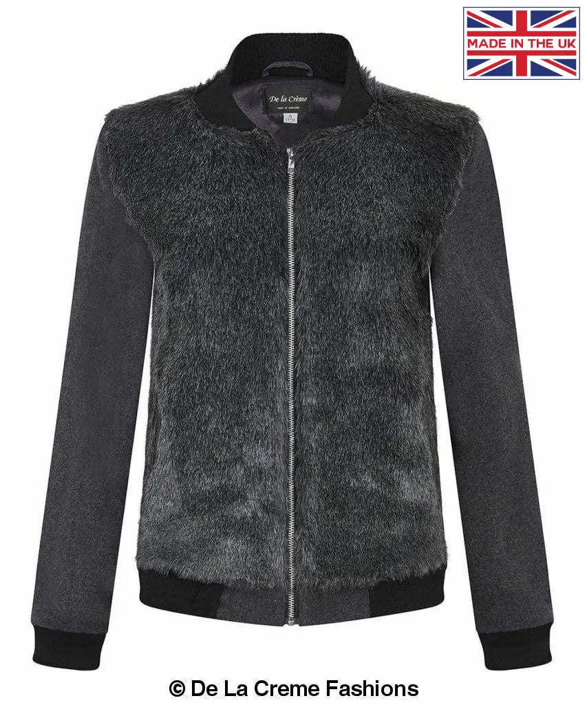 De La Creme Women's Faux Fur Zip-Thru Varsity Bomber Jacket in Black, showcasing its luxurious faux fur and stylish design.