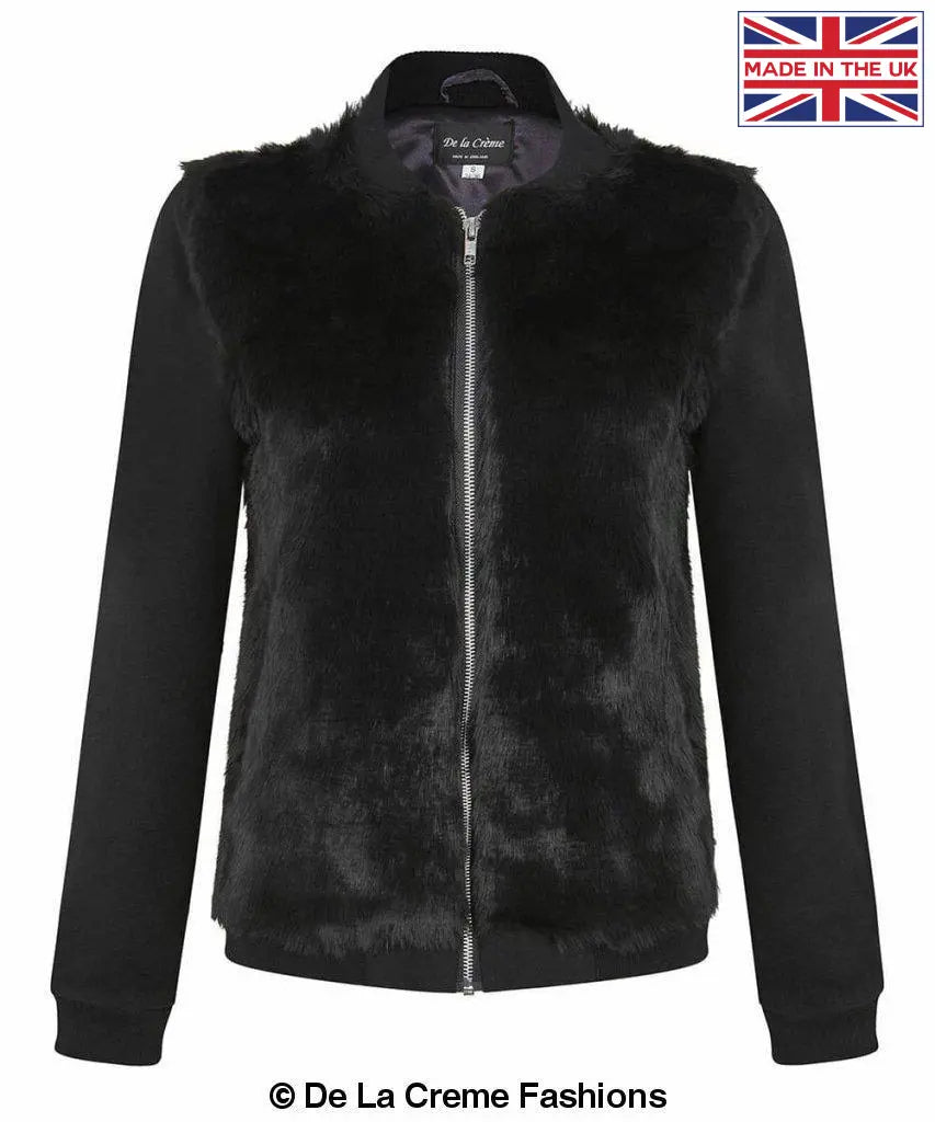 De La Creme Women's Faux Fur Zip-Thru Varsity Bomber Jacket in Black, showcasing its luxurious faux fur and stylish design.