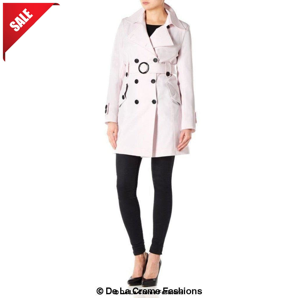 De La Creme Women's Mid Length Belted Mac Coat in black, featuring double-breasted fastening and a stylish belt.