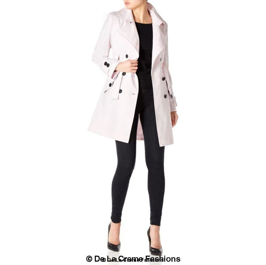 De La Creme Women's Mid Length Belted Mac Coat in black, featuring double-breasted fastening and a stylish belt.