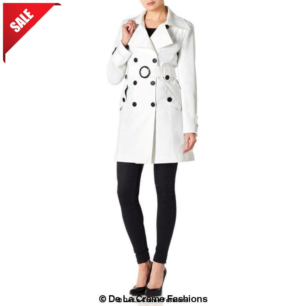 De La Creme Women's Mid Length Belted Mac Coat in black, featuring double-breasted fastening and a stylish belt.