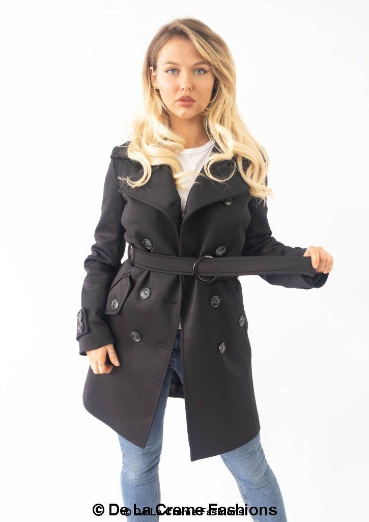 De La Creme Women's Mid Length Belted Mac Coat in black, featuring double-breasted fastening and a stylish belt.