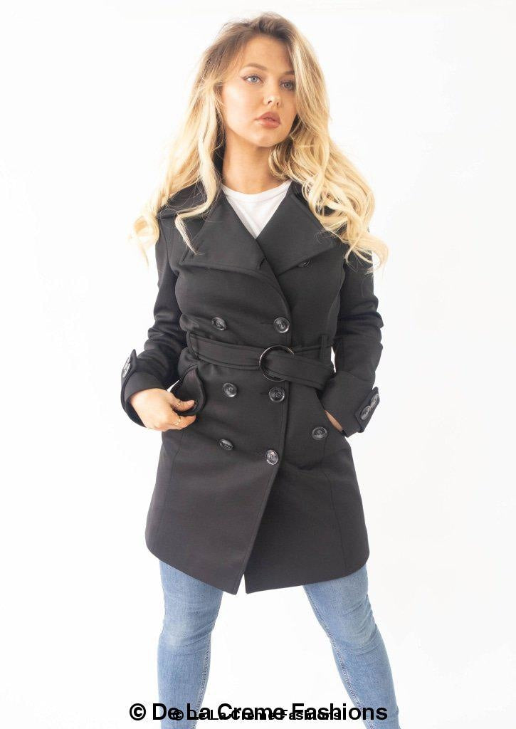 De La Creme Women's Mid Length Belted Mac Coat in black, featuring double-breasted fastening and a stylish belt.