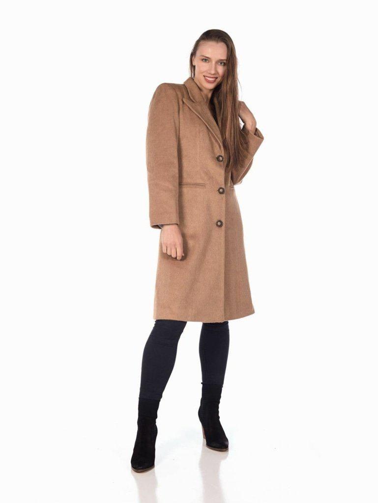 De La Creme Women's Mohair Blend Longline Winter Coat in Navy, featuring a single-breasted design, lapel detail, and two slit pockets.