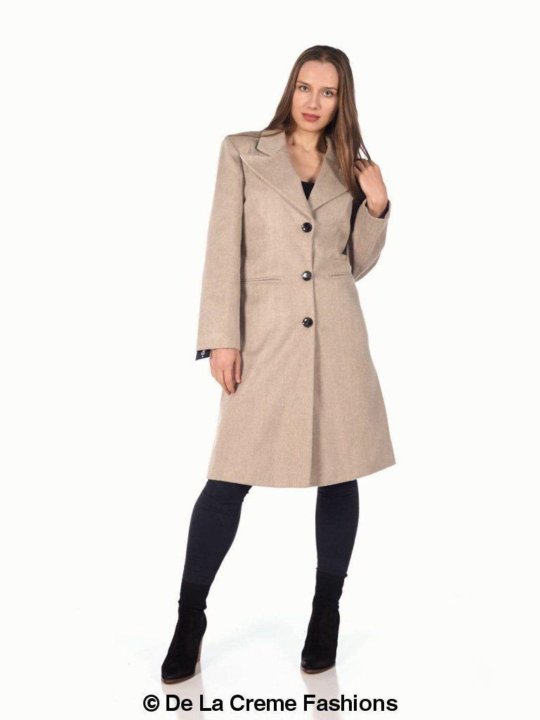 De La Creme Women's Mohair Blend Longline Winter Coat in Navy, featuring a single-breasted design, lapel detail, and two slit pockets.