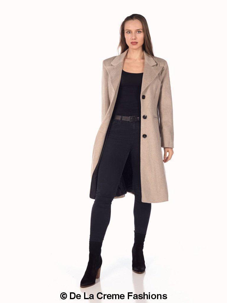 De La Creme Women's Mohair Blend Longline Winter Coat in Navy, featuring a single-breasted design, lapel detail, and two slit pockets.