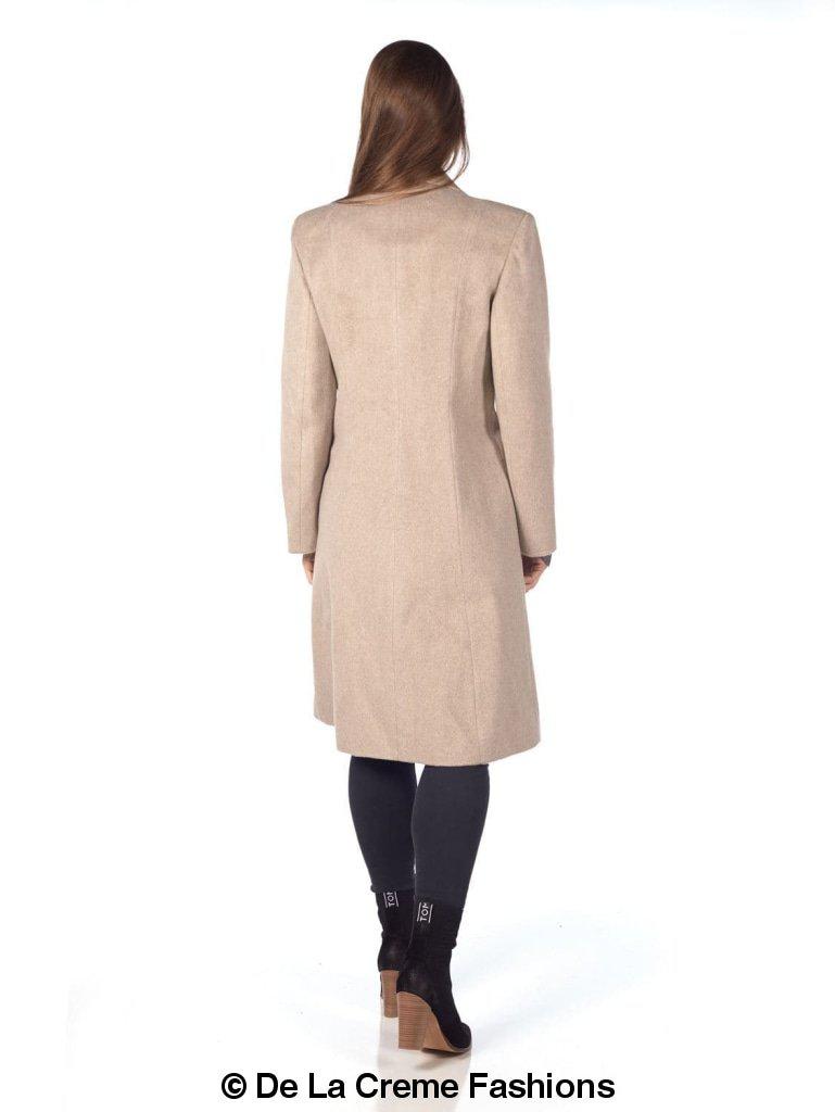 De La Creme Women's Mohair Blend Longline Winter Coat in Navy, featuring a single-breasted design, lapel detail, and two slit pockets.