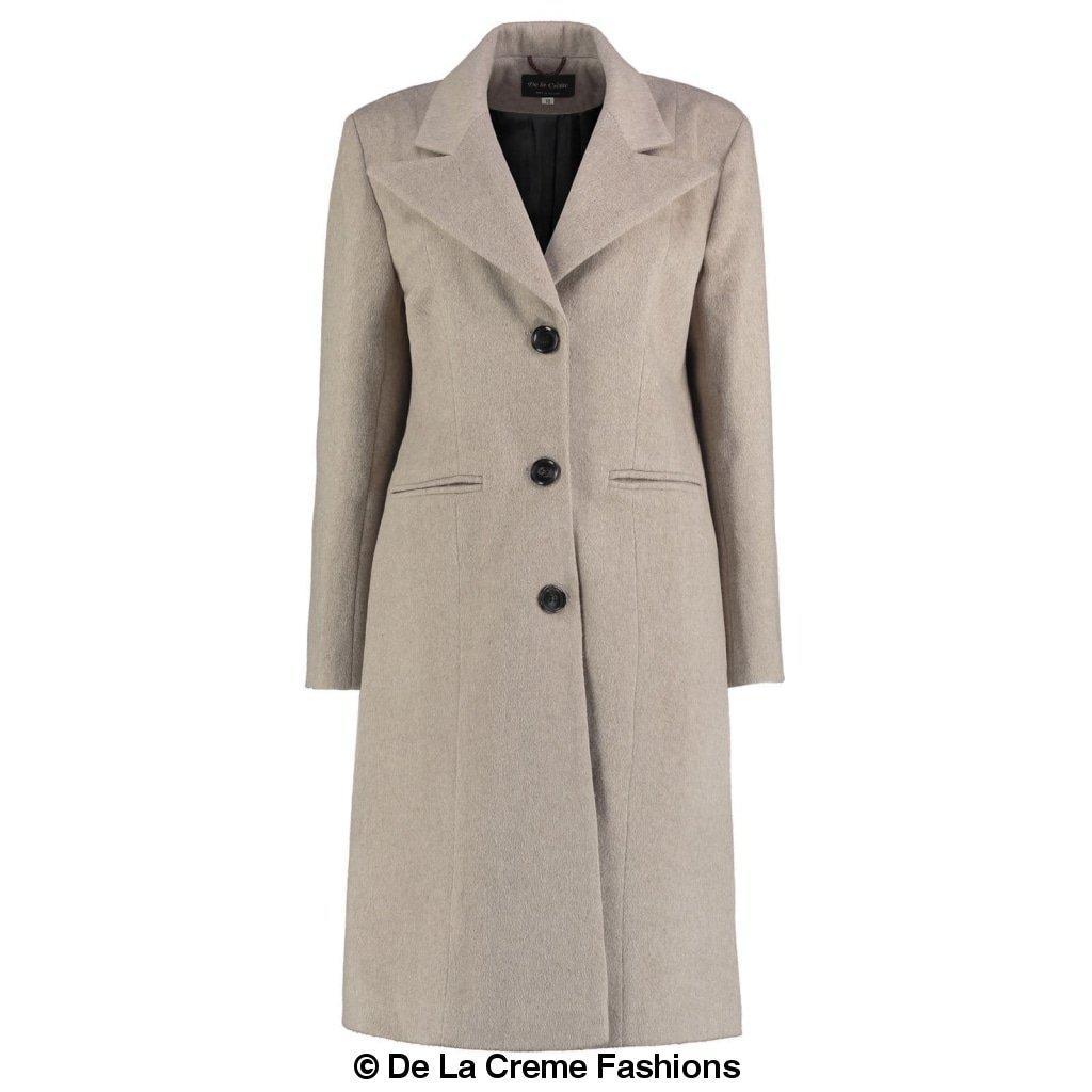 De La Creme Women's Mohair Blend Longline Winter Coat in Navy, featuring a single-breasted design, lapel detail, and two slit pockets.