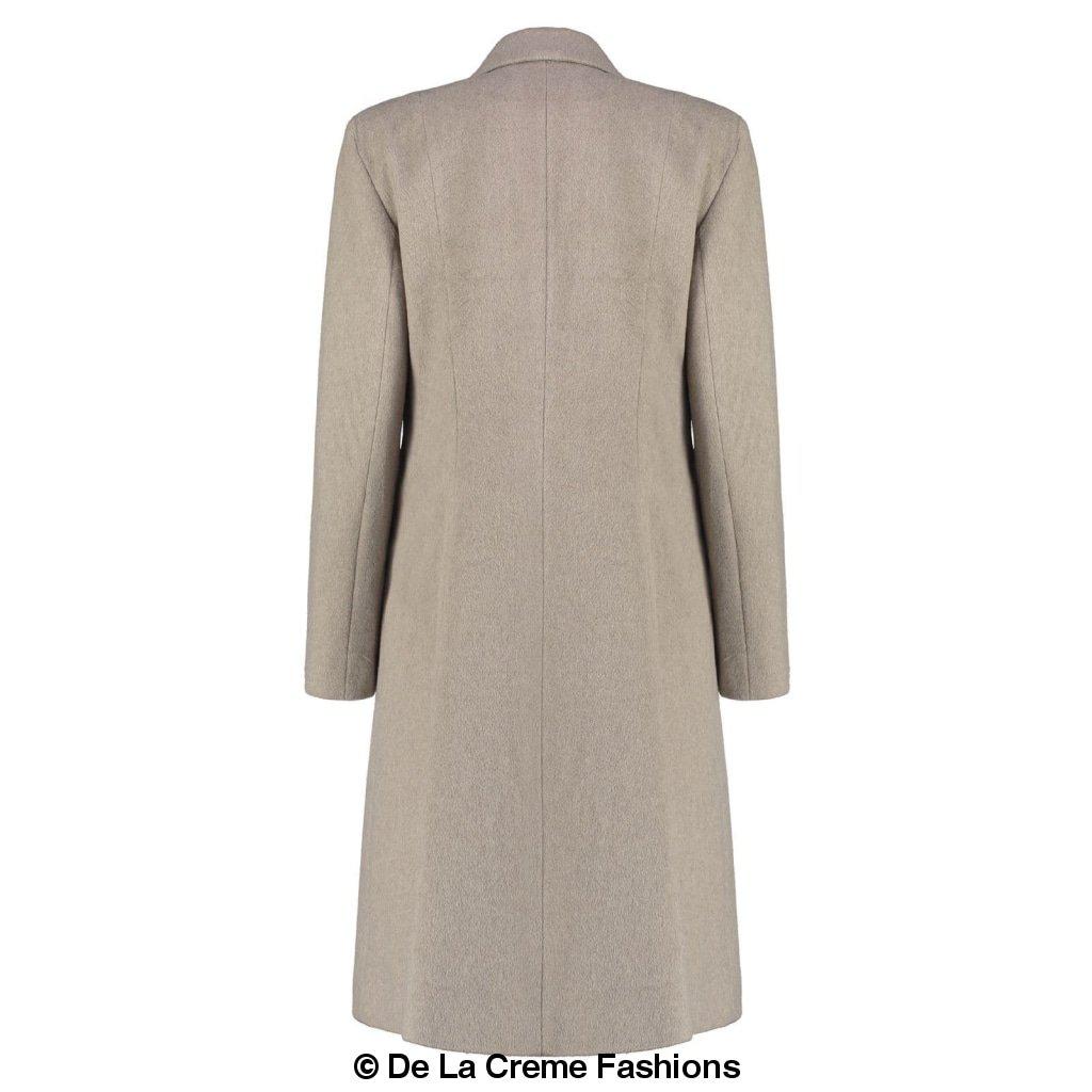 De La Creme Women's Mohair Blend Longline Winter Coat in Navy, featuring a single-breasted design, lapel detail, and two slit pockets.