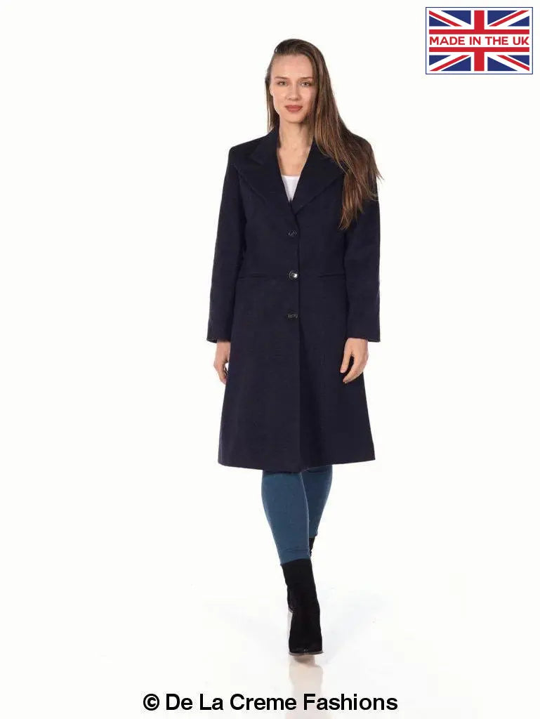 De La Creme Women's Mohair Blend Longline Winter Coat in Navy, featuring a single-breasted design, lapel detail, and two slit pockets.