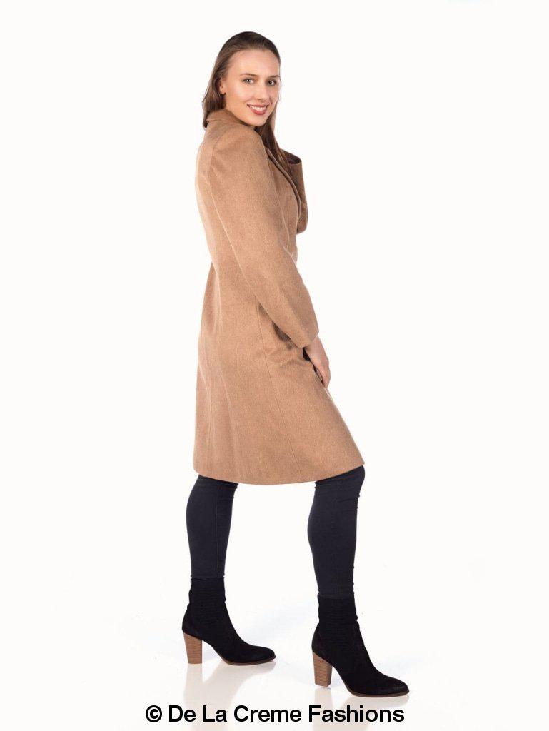 De La Creme Women's Mohair Blend Longline Winter Coat in Navy, featuring a single-breasted design, lapel detail, and two slit pockets.