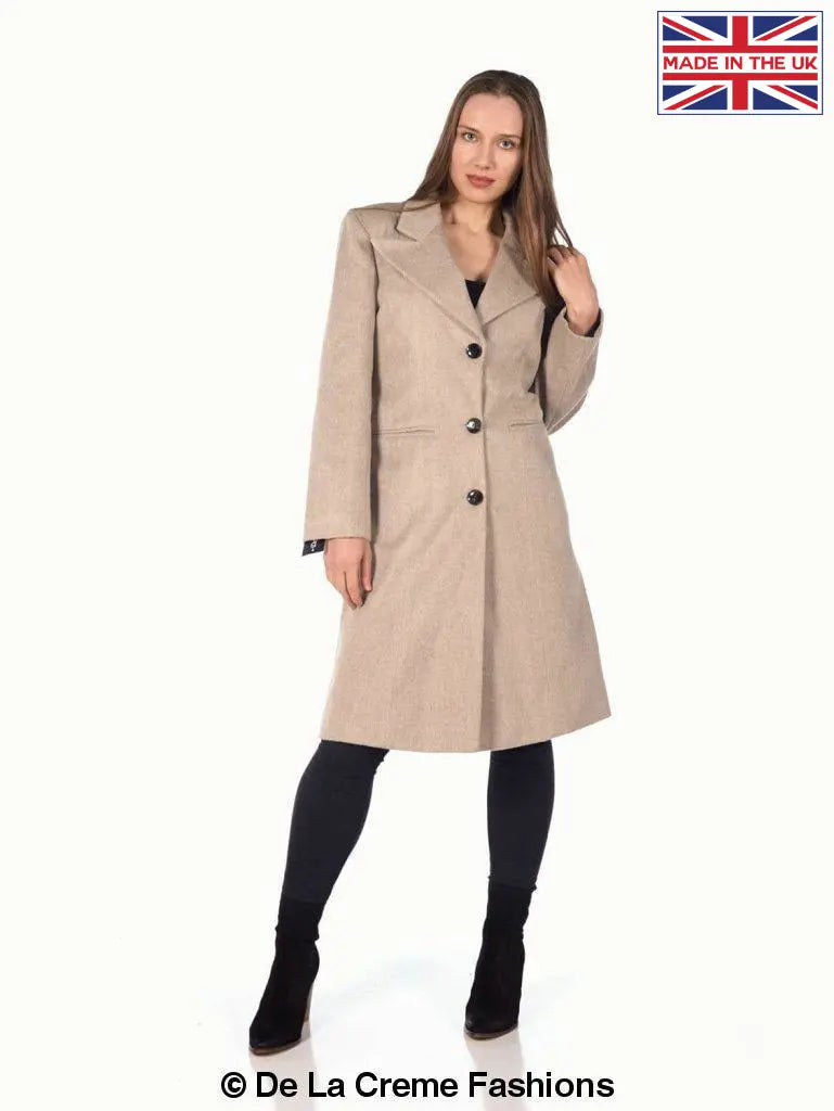 De La Creme Women's Mohair Blend Longline Winter Coat in Navy, featuring a single-breasted design, lapel detail, and two slit pockets.