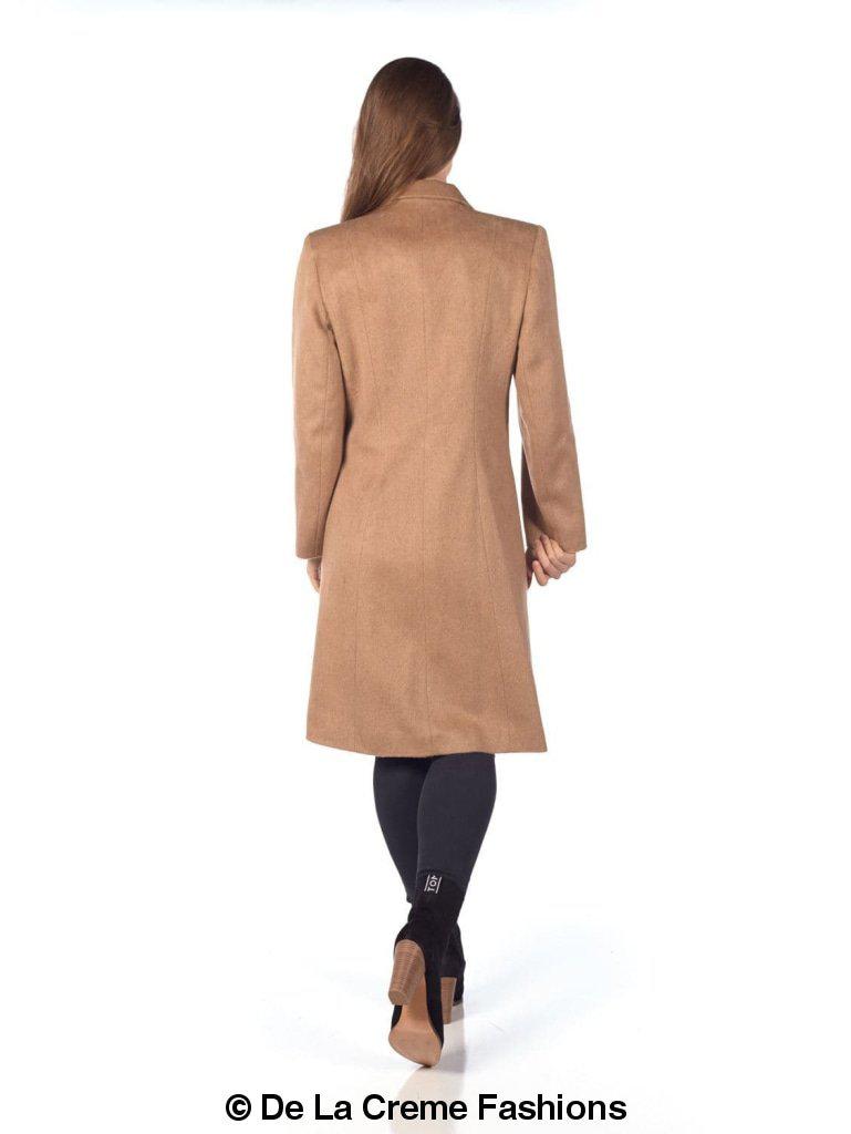 De La Creme Women's Mohair Blend Longline Winter Coat in Navy, featuring a single-breasted design, lapel detail, and two slit pockets.