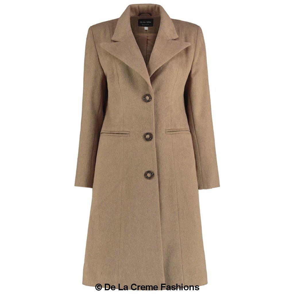 De La Creme Women's Mohair Blend Longline Winter Coat in Navy, featuring a single-breasted design, lapel detail, and two slit pockets.