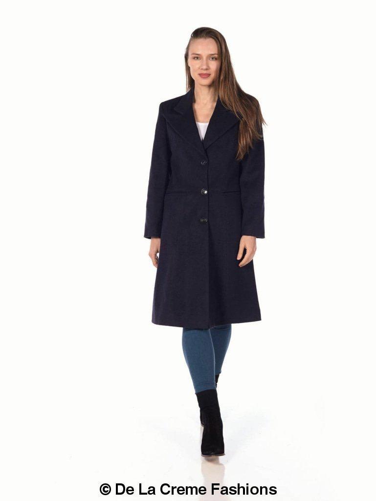 De La Creme Women's Mohair Blend Longline Winter Coat in Navy, featuring a single-breasted design, lapel detail, and two slit pockets.