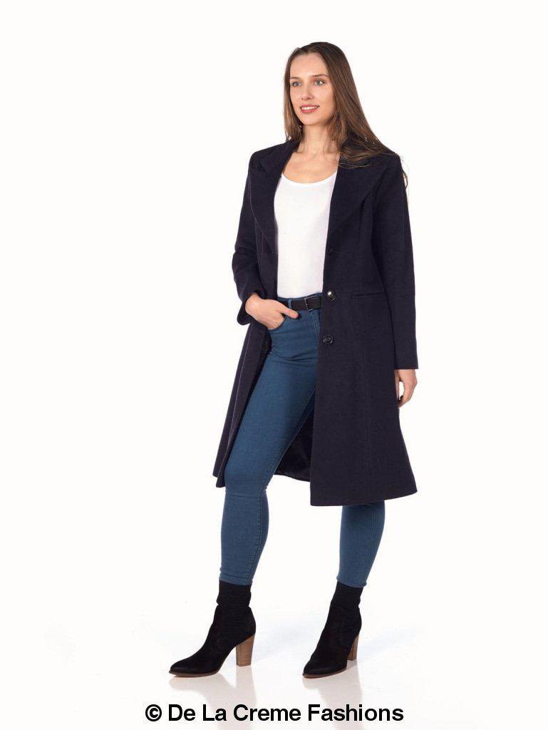 De La Creme Women's Mohair Blend Longline Winter Coat in Navy, featuring a single-breasted design, lapel detail, and two slit pockets.