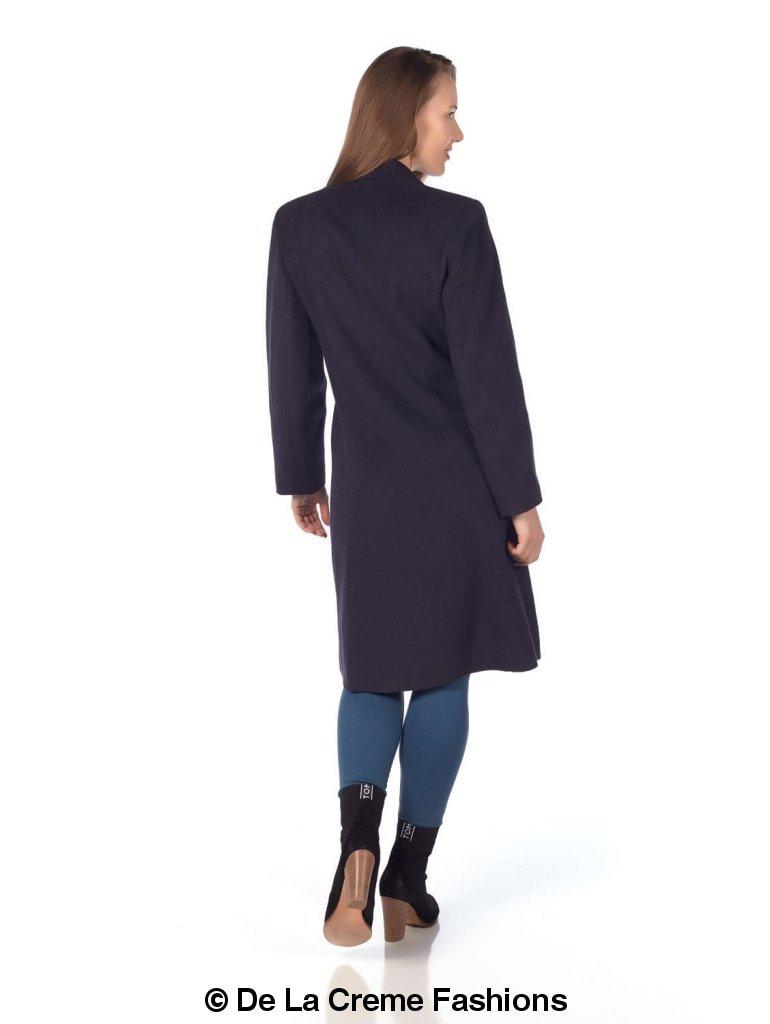 De La Creme Women's Mohair Blend Longline Winter Coat in Navy, featuring a single-breasted design, lapel detail, and two slit pockets.