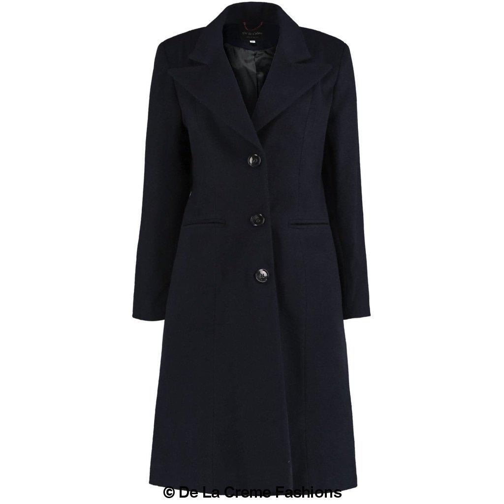 De La Creme Women's Mohair Blend Longline Winter Coat in Navy, featuring a single-breasted design, lapel detail, and two slit pockets.