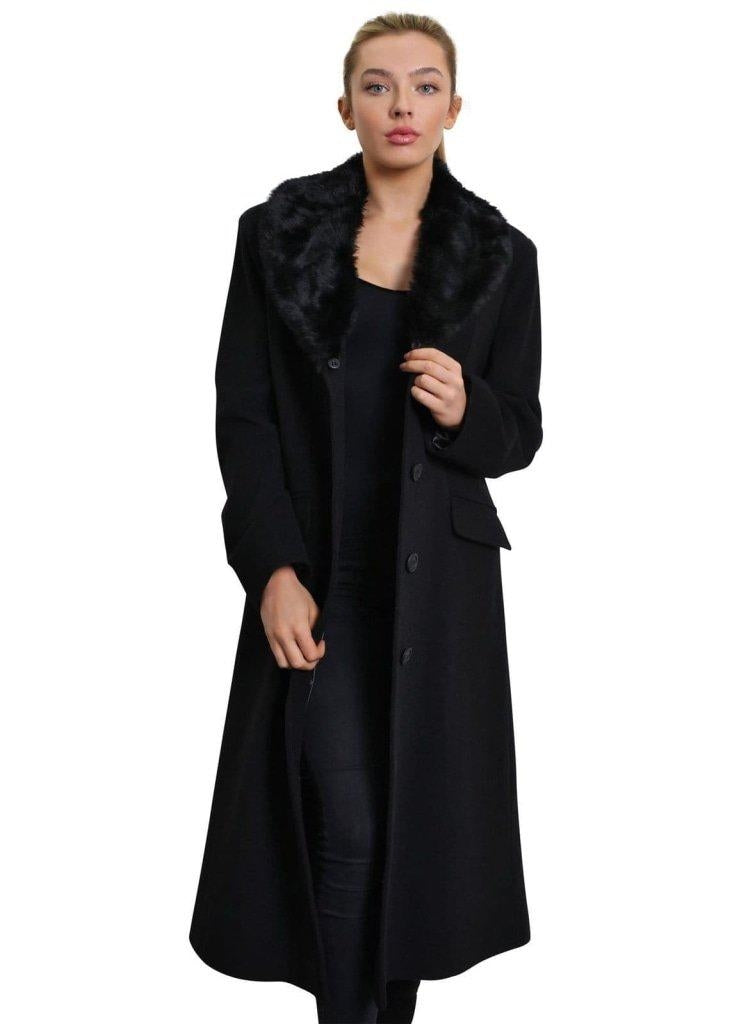 De La Creme Women's Oversized Faux Fur Collar Long Coat in elegant design, featuring a detachable faux fur collar and calf-length cut.