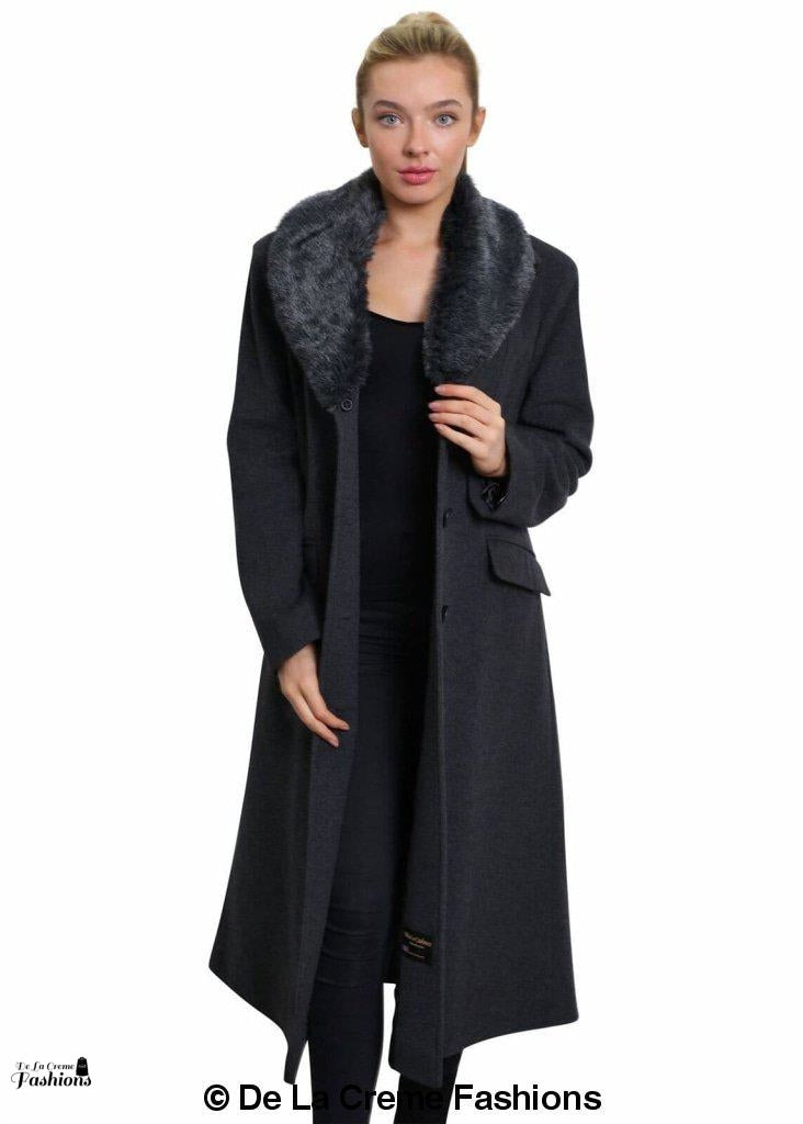 De La Creme Women's Oversized Faux Fur Collar Long Coat in elegant design, featuring a detachable faux fur collar and calf-length cut.