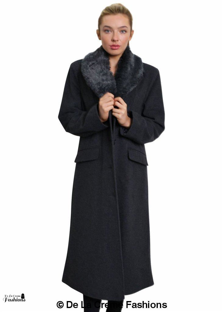 De La Creme Women's Oversized Faux Fur Collar Long Coat in elegant design, featuring a detachable faux fur collar and calf-length cut.