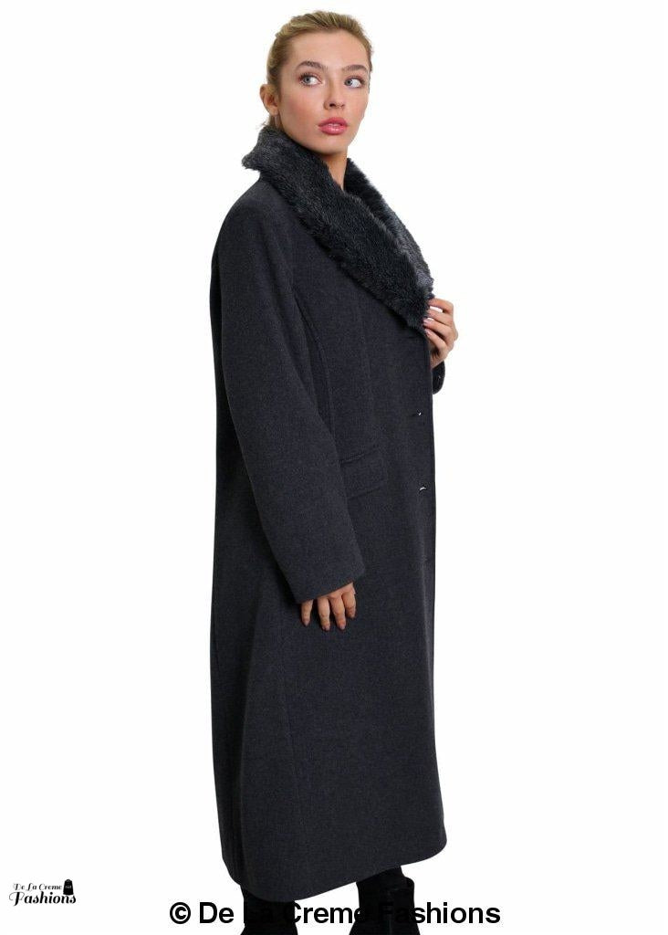 De La Creme Women's Oversized Faux Fur Collar Long Coat in elegant design, featuring a detachable faux fur collar and calf-length cut.