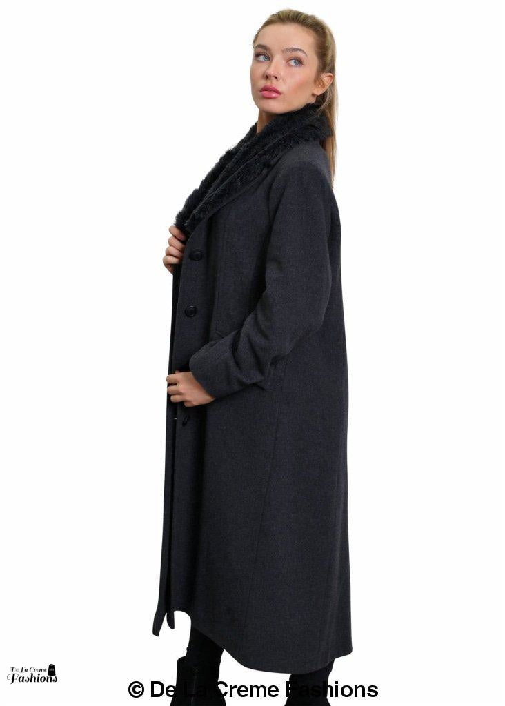 De La Creme Women's Oversized Faux Fur Collar Long Coat in elegant design, featuring a detachable faux fur collar and calf-length cut.