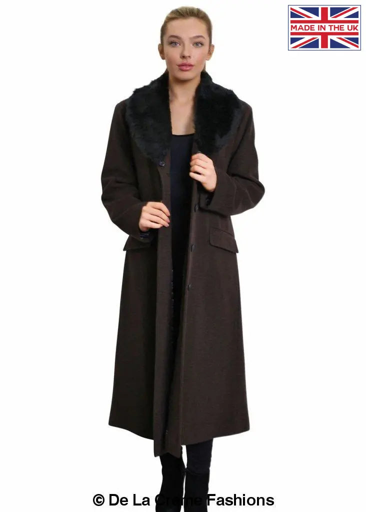 De La Creme Women's Oversized Faux Fur Collar Long Coat in elegant design, featuring a detachable faux fur collar and calf-length cut.