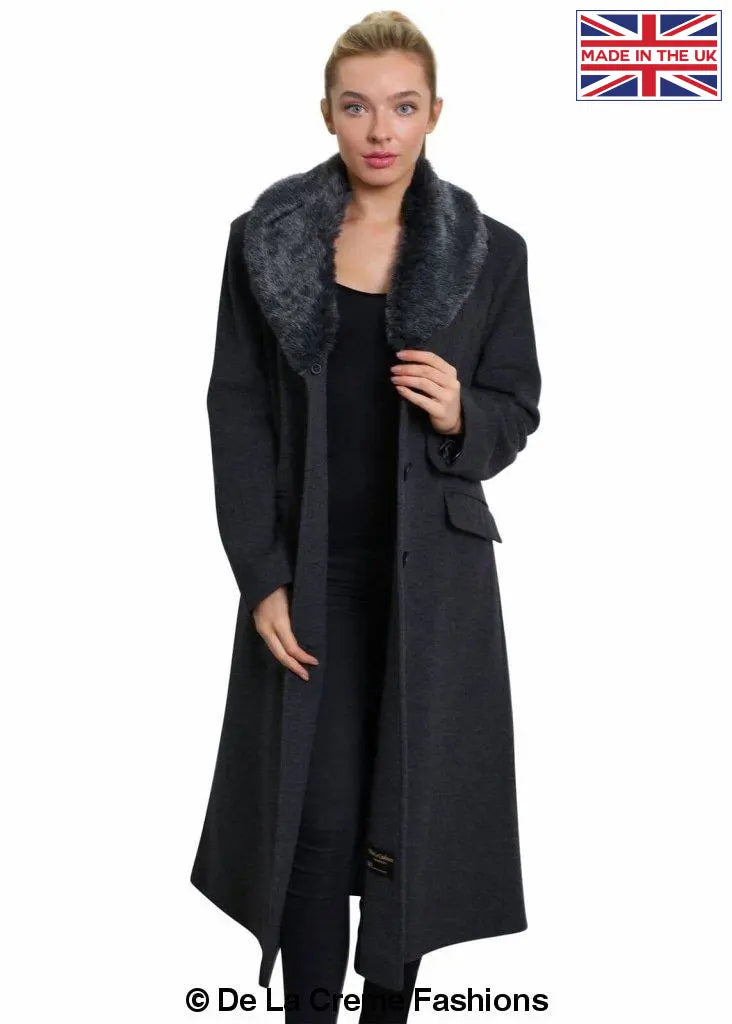 De La Creme Women's Oversized Faux Fur Collar Long Coat in elegant design, featuring a detachable faux fur collar and calf-length cut.