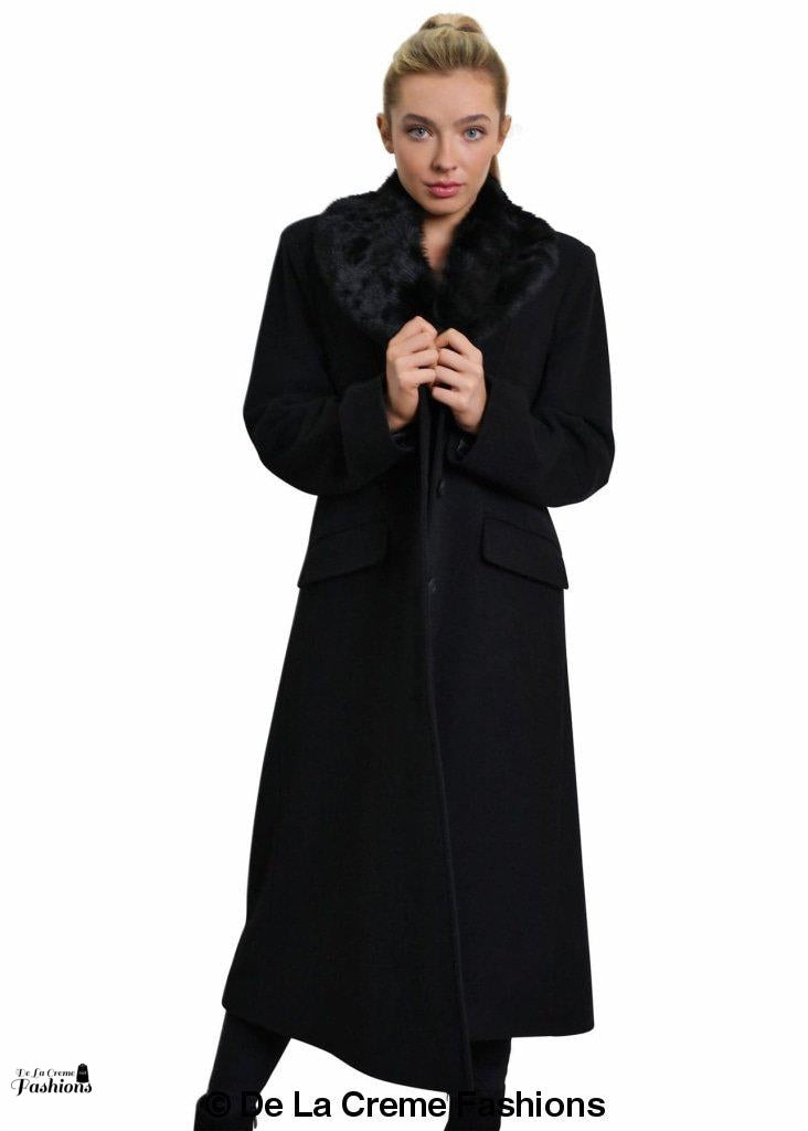 De La Creme Women's Oversized Faux Fur Collar Long Coat in elegant design, featuring a detachable faux fur collar and calf-length cut.