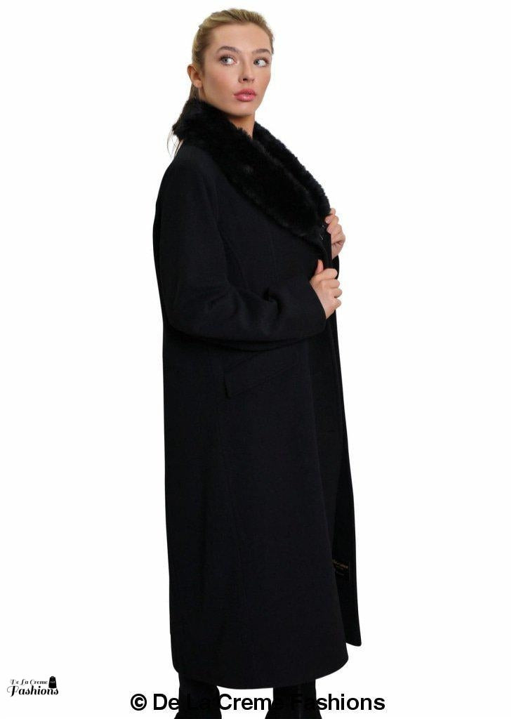 De La Creme Women's Oversized Faux Fur Collar Long Coat in elegant design, featuring a detachable faux fur collar and calf-length cut.