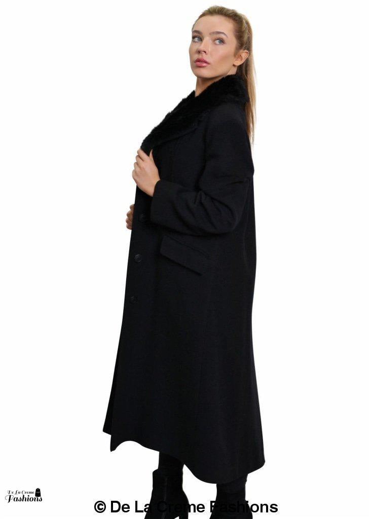 De La Creme Women's Oversized Faux Fur Collar Long Coat in elegant design, featuring a detachable faux fur collar and calf-length cut.