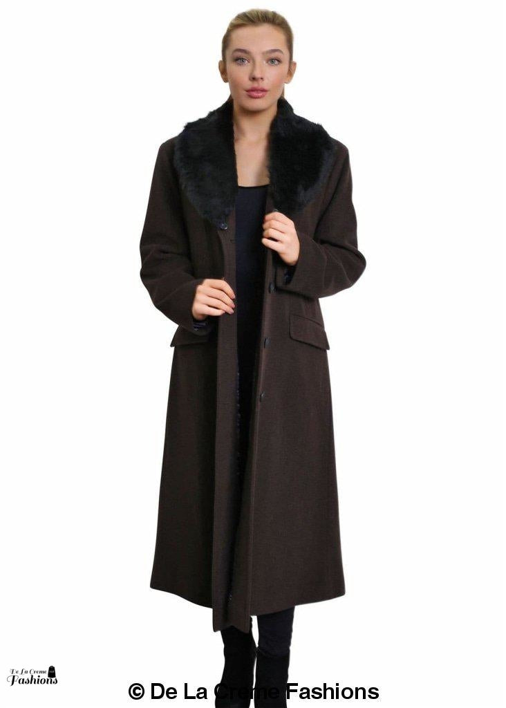 De La Creme Women's Oversized Faux Fur Collar Long Coat in elegant design, featuring a detachable faux fur collar and calf-length cut.