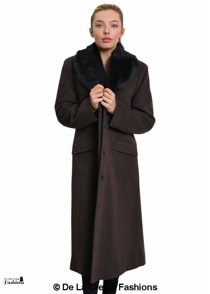 De La Creme Women's Oversized Faux Fur Collar Long Coat in elegant design, featuring a detachable faux fur collar and calf-length cut.