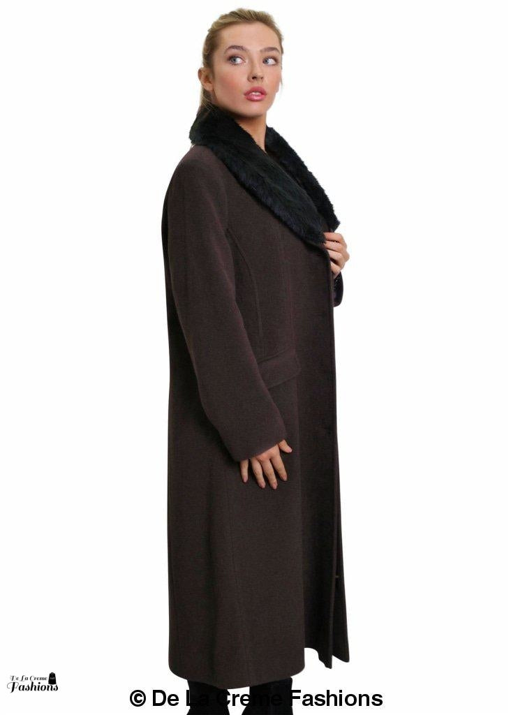 De La Creme Women's Oversized Faux Fur Collar Long Coat in elegant design, featuring a detachable faux fur collar and calf-length cut.