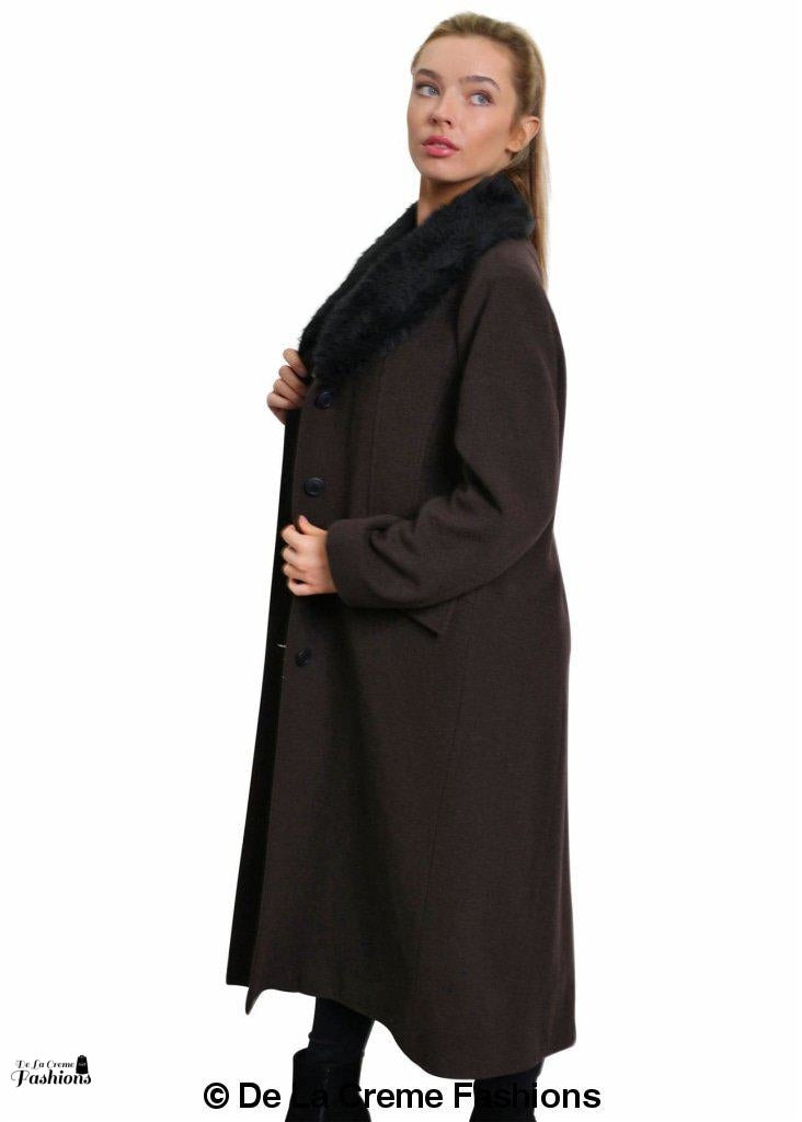 De La Creme Women's Oversized Faux Fur Collar Long Coat in elegant design, featuring a detachable faux fur collar and calf-length cut.