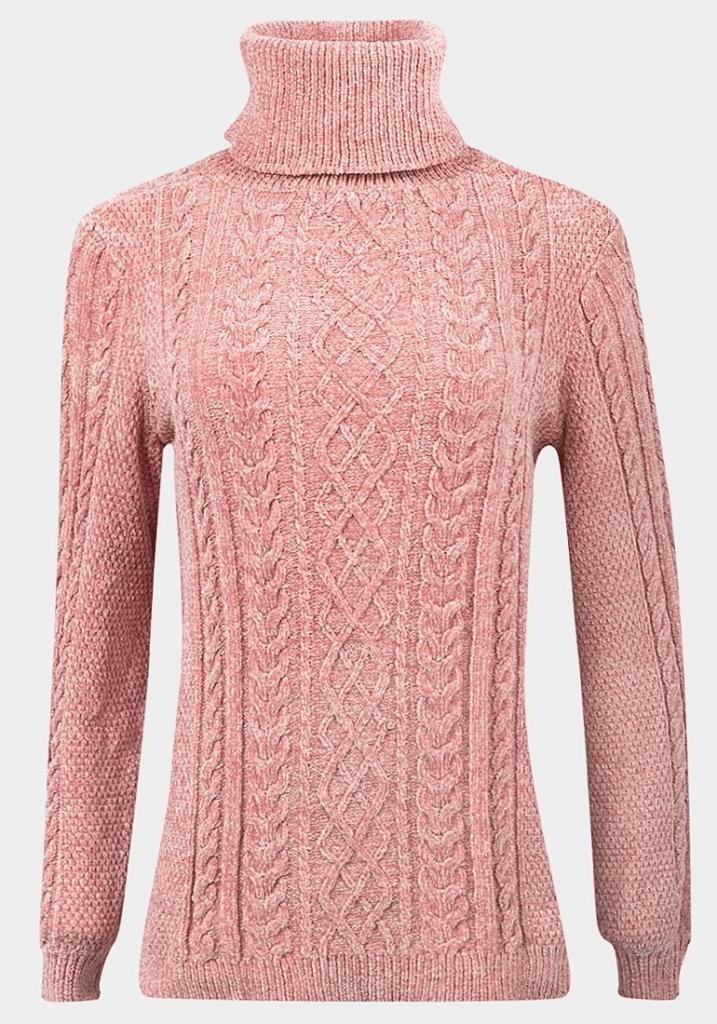 De La Creme Women's Pink Roll Neck Chenille Jumper featuring cable knit detail and ribbed cuffs.