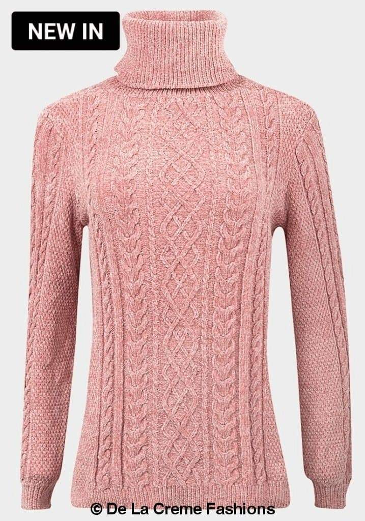 De La Creme Women's Pink Roll Neck Chenille Jumper featuring cable knit detail and ribbed cuffs.