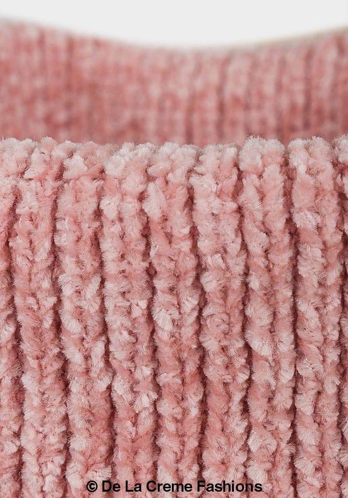 De La Creme Women's Pink Roll Neck Chenille Jumper featuring cable knit detail and ribbed cuffs.