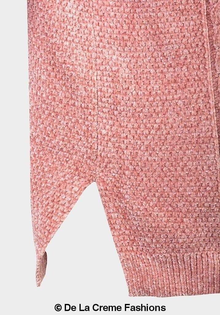 De La Creme Women's Pink Roll Neck Chenille Jumper featuring cable knit detail and ribbed cuffs.