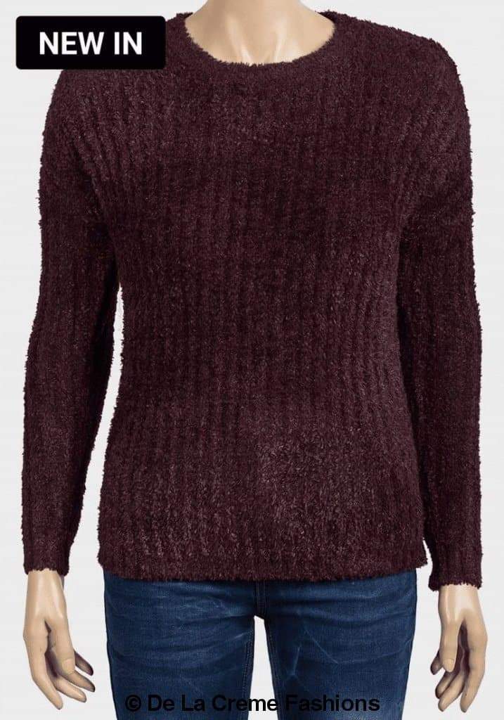 De La Creme Women's Soft Chenille Jumper in black and aubergine, featuring a scoop neckline and long sleeves, made from soft stretchy chenille fabric.