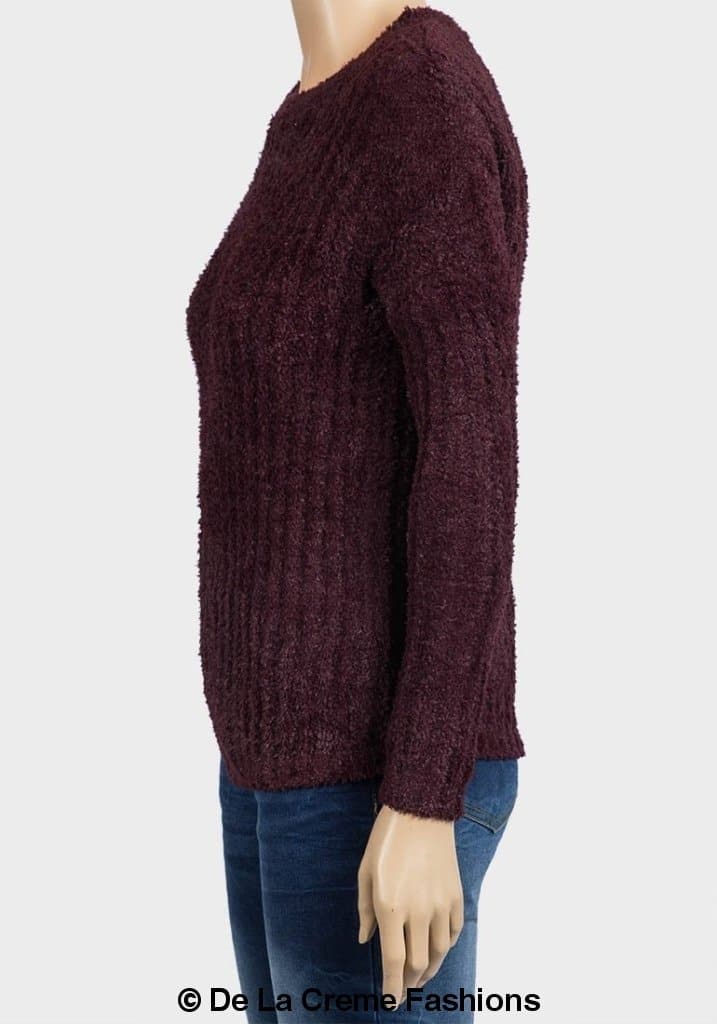 De La Creme Women's Soft Chenille Jumper in black and aubergine, featuring a scoop neckline and long sleeves, made from soft stretchy chenille fabric.